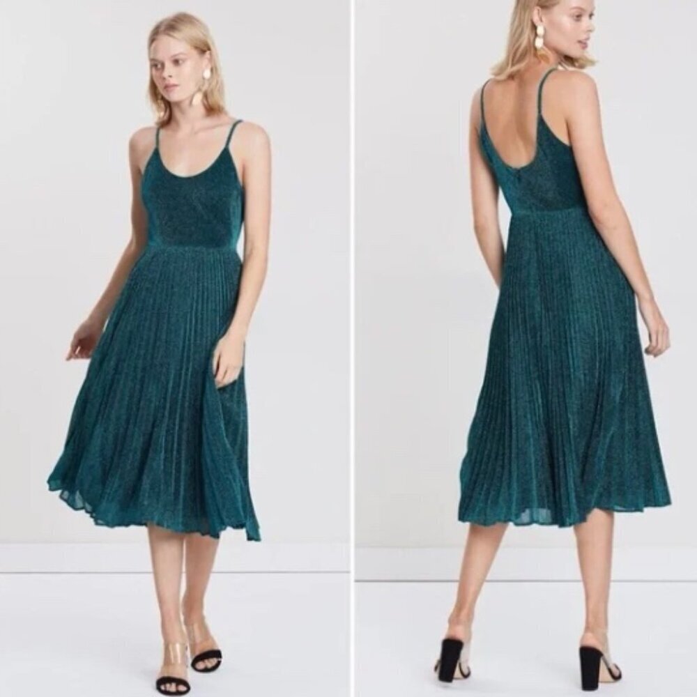 Whistles Regina Green Glitter Sparkle Pleated Dress Party Cocktail Size 6 Womens